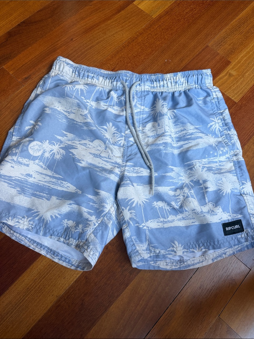 Rip Curl Light Blue and White Palm-Print Swim Trunks